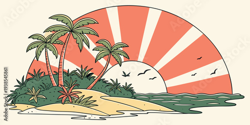 A serene tropical island scene at sunset Vector