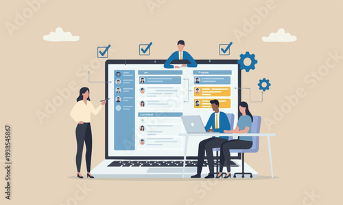 managemen plan together efficiency work concept, business people team manage tasks assignment on computer laptop