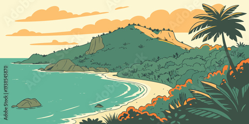 A serene tropical beach at sunset with palm trees and mountains Vector