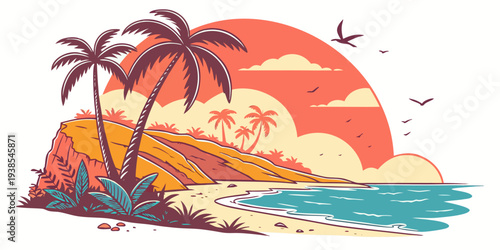 A pixel art illustration of a tropical island at sunset Vector