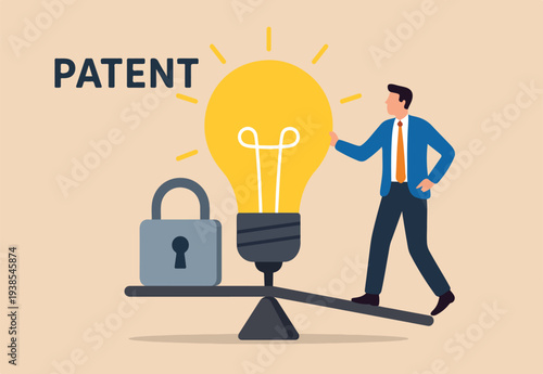 Intellectual property, patented protection, copyright reserved or product trademark that cannot copy concept, businessman owner standing with light bulb idea locked with padlock for patents