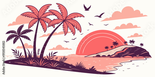 A pink and purple illustration of a tropical island Vector