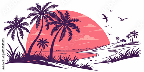 A serene tropical island at sunset with palm trees Vector