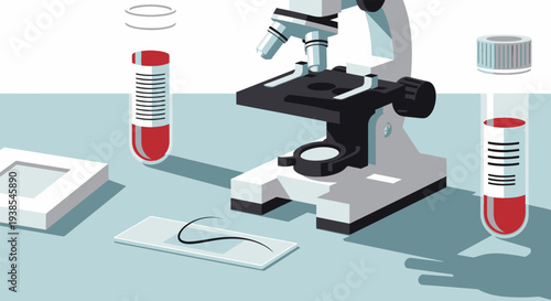 Microscope and test tubes on a laboratory table with samples.