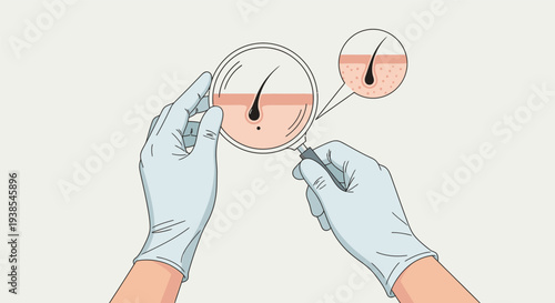 Medical illustration of a hand holding a petri dish with a hair follicle diagram.