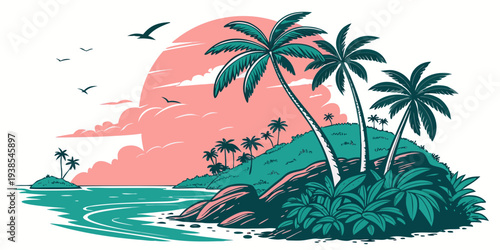 A tropical island with palm trees and a pink sunset Vector