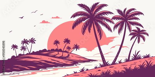 A pixel art illustration of a serene tropical island at sunset Vector