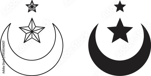 Islamic Crescent Moon and Star Symbol Set Minimal Outline and Solid Religion Icon Vector Illustration
