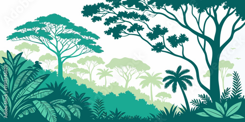 A serene jungle landscape with trees and foliage Vector