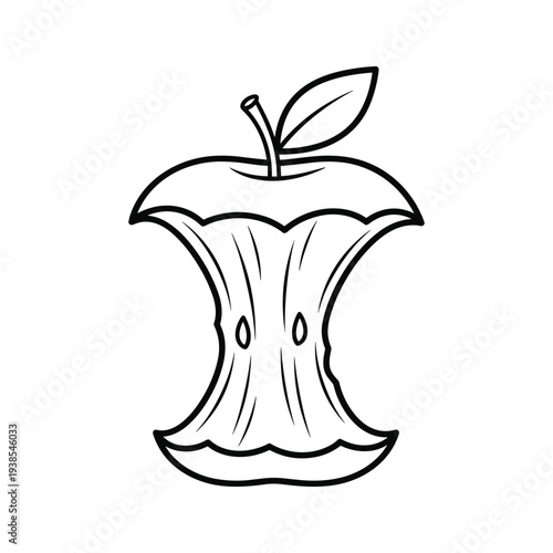 Minimalist Apple Core Line Art Illustration with Leaf and Seeds