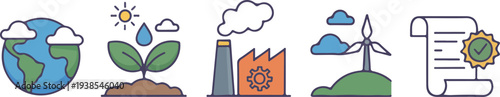 Minimal line art environmental icons showing earth, renewable energy, plant growth, and eco certification journey