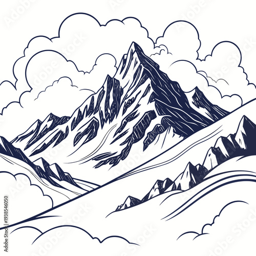 Photography A stunning line art illustration of a majestic mountain range with clouds