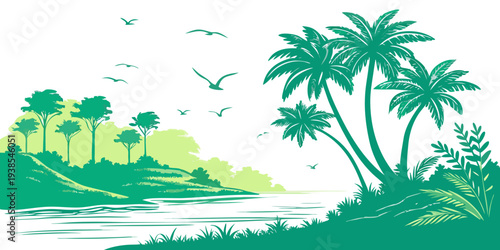 A green and yellow image of a tropical island with palm trees Vector