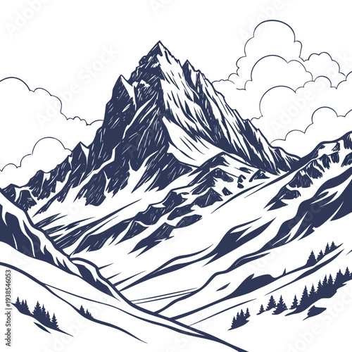 A stunning mountain landscape with snowcapped peaks and trees on a in a vector illustration style