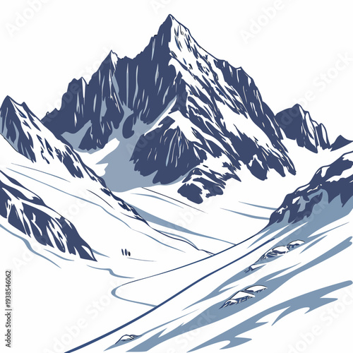 Illustration of a snowy mountain range with a ski slope and