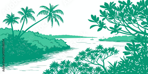 A green tropical landscape with palm trees and a body of water Vector