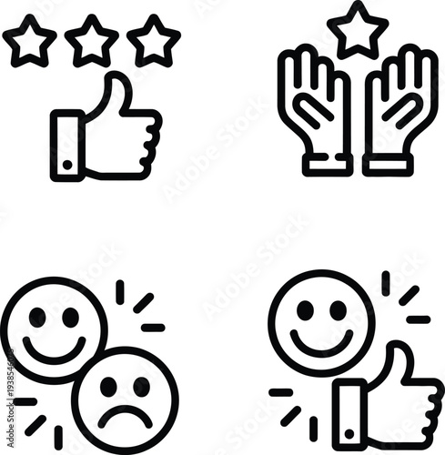 Collection of simple black line icons representing positive customer feedback and review concepts on a white background