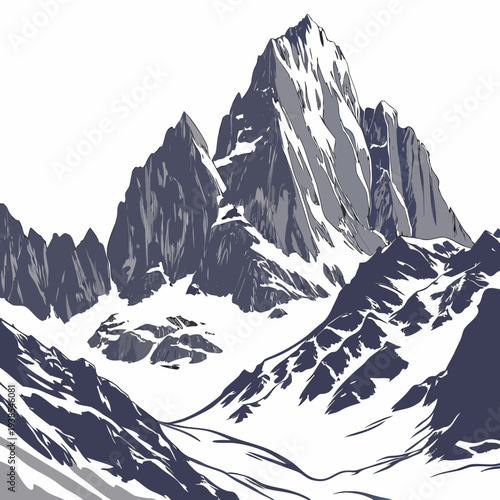 A stunning mountain range with snow covered peaks and slopes in a graphic illustration style