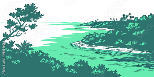 A serene landscape with a body of water and trees Vector