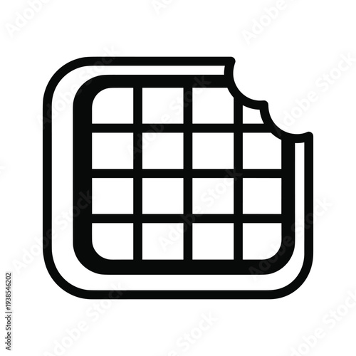 Black and White Waffle Line Art Icon with Bite Mark, Square Wafer Cookie Illustration