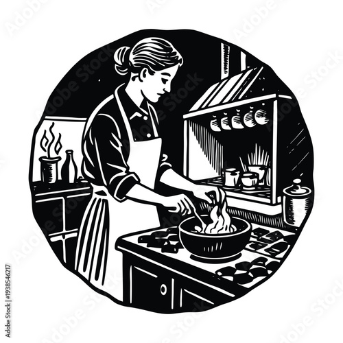 Vector illustration of woman cooking in kitchen