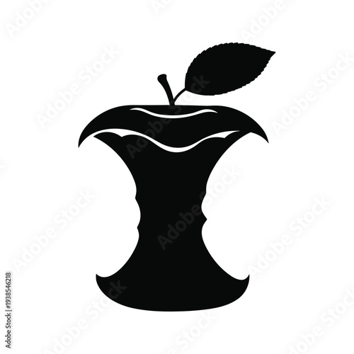 Black Silhouette of an Apple Core with Leaf Isolated on White Background - Minimalist Graphic Icon