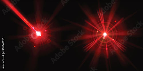 Red laser beam with bright shiny sparkles. Glowing neon light laser beam line. Ray from explosion  burst energy effect. Vector illustration of illumination  spotlight on black background