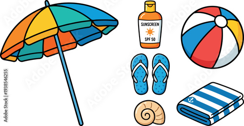 Flat design colorful beach umbrella close up with sunscreen bottle flip flops beach ball towel and seashell near bright sand overhead