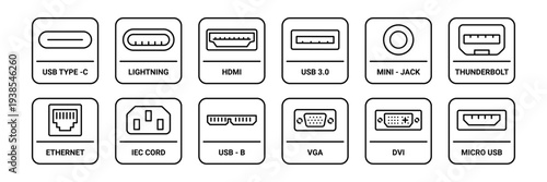 Computer ports types, electronic device input cable cords. Vector realistic type c and mini USB, ethernet and HDMI, DisplayPort.