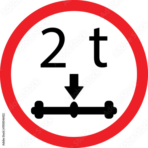 2t axle weight limit road sign, maximum load per axle restriction, two tonne traffic vector icon
