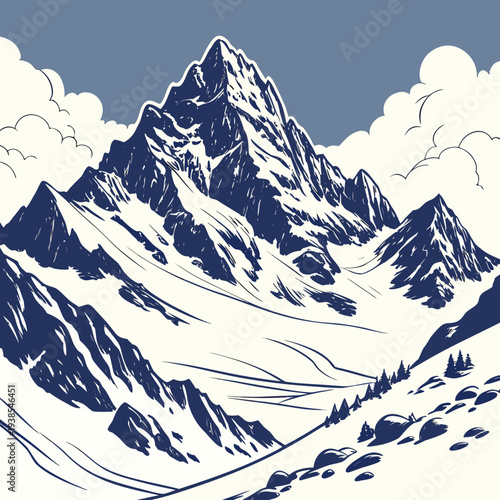 Illustration of a snowy mountain range with clouds in the background in blue and white color scheme