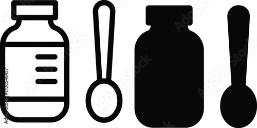 Simple graphic illustration depicting medicine bottles and spoons in black and white minimalist style showcasing two distinct bottle designs and a spoon