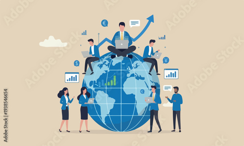 Global, teams together or earning growth, stock trading concept, smart businessman investor trading on laptop on the globe with financial graph