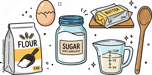 Whimsical kids doodle close up baking ingredients set with flour bag sugar jar egg butter measuring cup and bright wooden spoon