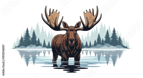 Majestic bull moose standing in a calm forest lake at morning