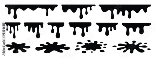 Dripping chocolate border and splash icon collection featuring smooth melting chocolate liquid shapes, sweet food theme, bakery and candy style packaging design