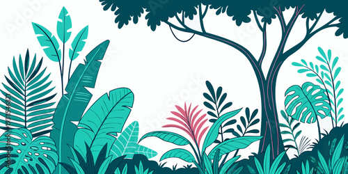 A colorful illustration of a tropical forest scene Vector