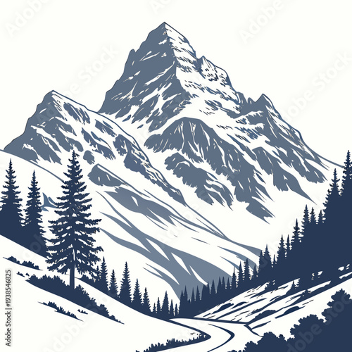 A serene mountain landscape with snowcapped peaks and evergreen trees