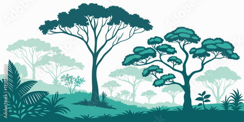 A serene landscape of trees and foliage in various shades of green Vector