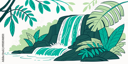A serene waterfall surrounded by lush green tropical foliage Vector