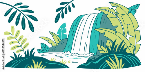 A serene waterfall surrounded by lush greenery Vector