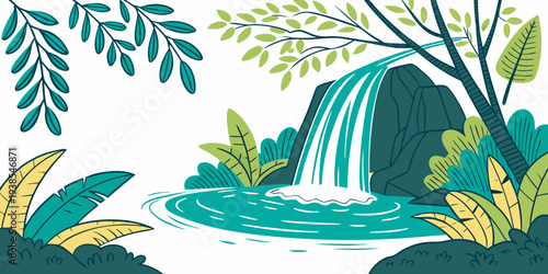 A serene tropical waterfall scene with lush greenery Vector