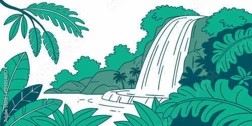 A serene waterfall in a lush green forest with tropical plants and trees Vector