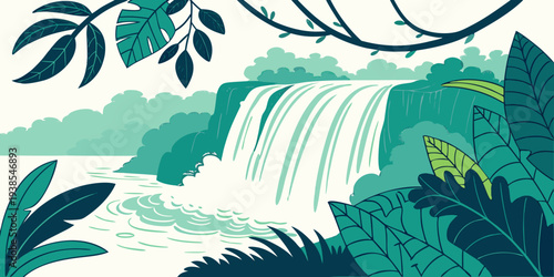A serene waterfall surrounded by lush greenery and vibrant foliage in a tropical paradise Vector