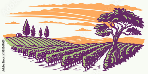 A pixelated image of a vineyard at sunset Vector