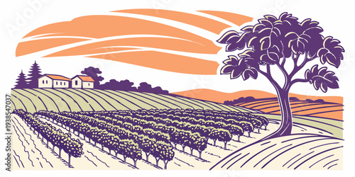 A purple and orange illustration of a vineyard with a house and tree Vector