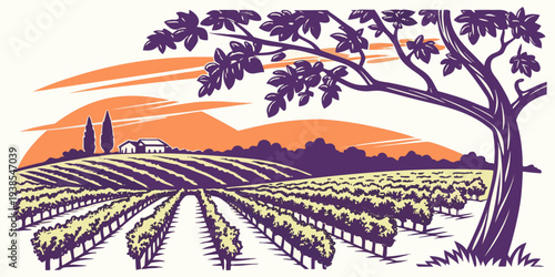 A purple and orange image of a vineyard at sunset Vector