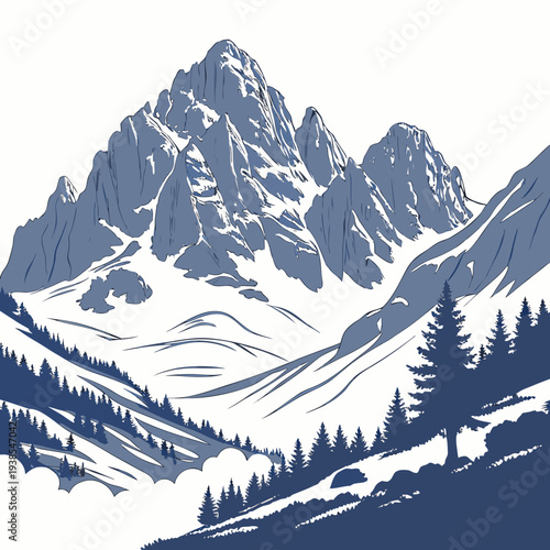 A serene mountain landscape with snowcapped peaks and evergreen trees
