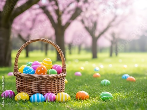 Easter basket filled with colorful eggs on grassy field with trees