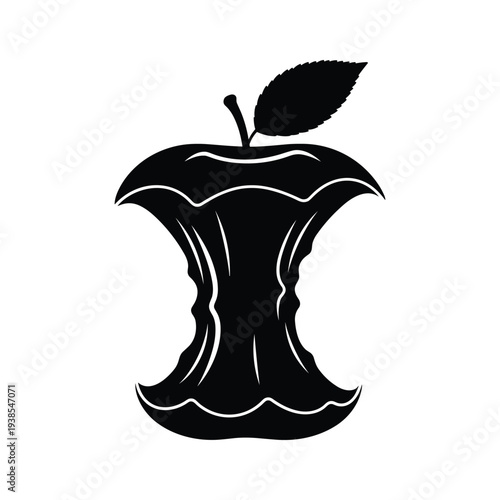 Minimalist Apple Core Silhouette Vector Graphic - Black and White Eaten Fruit Icon